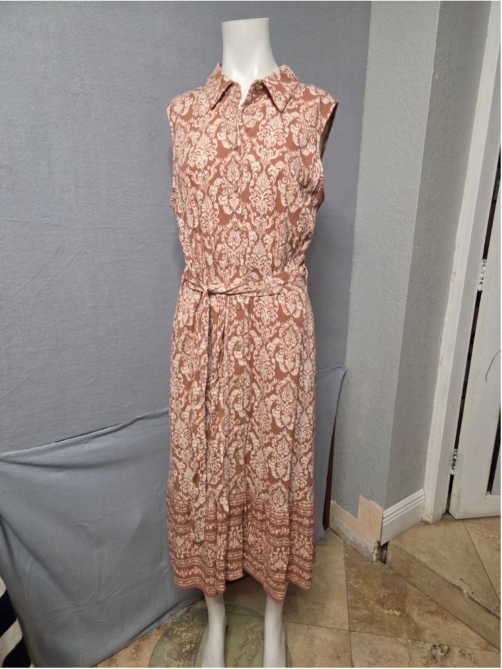 Women's Lucky Brand Midi Dress Size L Brown Beige Damask Print P2p 21 In